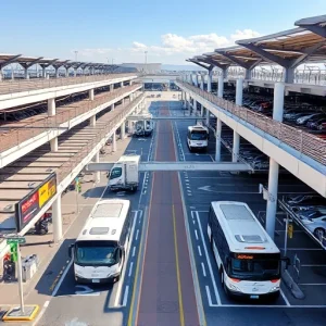 A modern airport parking facility with clear signage, multiple levels of covered and open parking spaces, shuttle buses transporting passengers to terminals, electric vehicle charging stations, and well-lit pathways, all captured in a clean, realistic daytime scene with minimal clutter and no visible text or logos