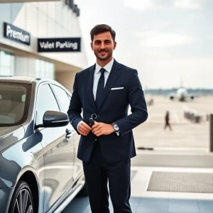 A professional valet attendant in a crisp uniform holding car keys, standing beside a luxury vehicle at a modern airport terminal entrance, with clear signage for 'Premium Valet Parking' and a sleek airport backdrop including moving walkways and distant aircraft under a bright sky