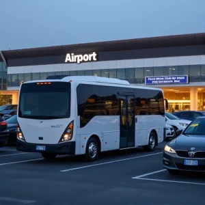 A modern shuttle bus parked near an airport terminal with clear signage for airport parking, surrounded by cars in a well-lit parking lot, daytime, clean and professional atmosphere, no people visible, focus on the shuttle and parking infrastructure