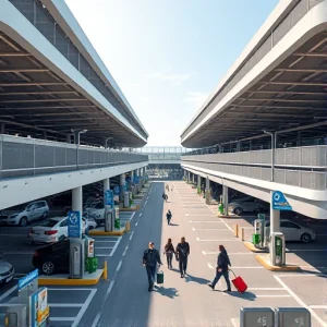 A modern airport parking facility with multiple levels, clear signage, electric vehicle charging stations, well-lit lanes, and travelers walking to terminals with luggage, under a bright daytime sky