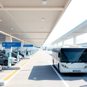 A modern airport parking area with clear signage, well-organized parking spaces, electric vehicle charging stations, and a sleek shuttle bus arriving, under bright daylight with a clean, minimalist design and subtle blue and white color scheme