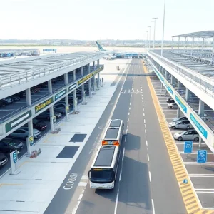 A modern airport parking area with clear signage, multiple levels of covered and open parking spaces, electric vehicle charging stations, shuttle buses transporting passengers to terminals, well-lit pathways, and efficient traffic flow, all depicted in a clean, realistic, high-detail style