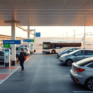 A modern, stress-free airport parking scene with clear signage, automated payment kiosks, spacious well-lit parking spots, electric vehicle charging stations, and a shuttle bus arriving to transport passengers to the terminal — all in a clean, organized, and calm environment with soft natural lighting and minimal congestion