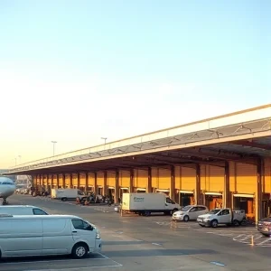 A modern airport parking area with covered loading docks, featuring sleek vehicles parked under long, transparent canopies supported by steel beams, ground crew loading cargo onto trucks beneath the docks, clear daytime sky, minimal signage, no people visible, focus on architecture and logistics infrastructure
