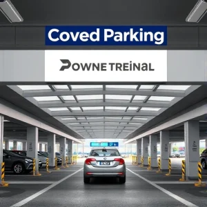 A modern airport parking facility with clear signage indicating covered parking, a vehicle entering a sheltered parking structure with a roof, well-lit pathways, and easy access from the terminal, all in a clean, realistic, high-quality style