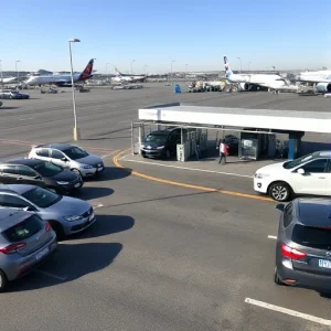 A modern airport parking area with car care services, featuring clean paved lanes, parked cars, a small service station with car wash bays, vacuum stations, and attendants assisting vehicles, under clear daylight with subtle airport terminal buildings visible in the background, no text or signage present