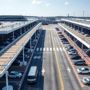A modern airport parking facility with clear signage, multiple levels of covered and uncovered parking spaces, electric vehicle charging stations, shuttle buses transporting passengers to terminals, well-lit pathways, and security cameras, all under a bright daytime sky with smooth asphalt and organized traffic flow
