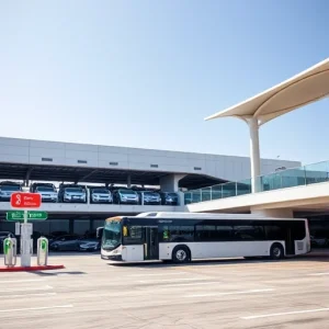 A modern airport parking facility with clear signage, multiple levels of parking spaces, electric vehicle charging stations, and a shuttle bus transporting passengers to the terminal, all under a bright daytime sky with clean architectural lines and minimalistic design