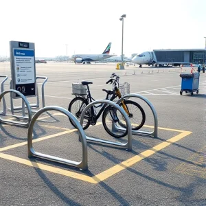 A modern airport parking area with designated bicycle racks near the entrance, featuring sleek metal bike stands holding several bicycles, clear signage for bike parking, paved asphalt surface, distant airport terminal buildings with glass facades, luggage carts nearby, soft daylight, clean and organized environment, no people visible
