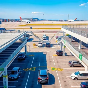 A modern airport parking facility with clear signage, multiple levels of organized parking spaces, electric vehicle charging stations, shuttle buses transporting passengers to terminals, and a distant view of airplanes on the tarmac under a clear blue sky