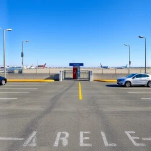 A modern, well-lit parking lot with clear signage indicating 'Affordable and Secure Parking Near Airport', featuring clean asphalt, visible security cameras, a gated entrance with a guard booth, and a few cars parked neatly. In the background, distant airport terminals and airplanes on the tarmac are faintly visible under a clear blue sky. No text, letters, or digits appear on any surfaces in the image.
