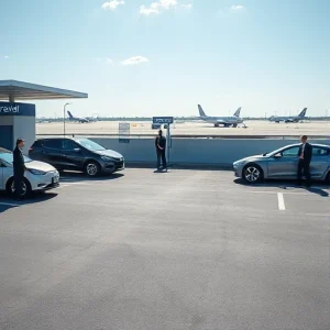 A modern airport parking area with express valet service, featuring sleek electric vehicles being handed over to uniformed valet attendants near a covered drop-off zone, clear signage for 'Express Valet', smooth asphalt lanes, distant airport terminals in the background under a bright sky, minimalist design, high detail, realistic lighting