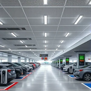 A modern airport parking facility with clear signage, electric vehicle charging stations, covered walkways to terminals, and a digital display showing real-time availability, all in a clean, efficient, and user-friendly design