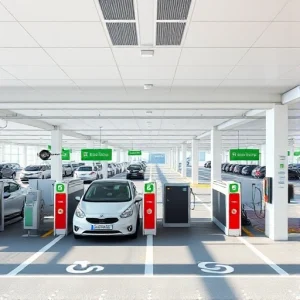 A modern airport parking facility with clear signage, automated entry/exit gates, electric vehicle charging stations, and a mobile app interface showing real-time spot availability, all under bright daylight with clean lines and minimalistic design