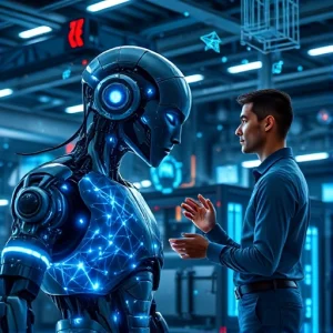 A futuristic robot with glowing neural network patterns on its surface, interacting with a human engineer in a high-tech lab filled with holographic displays, robotic arms, and floating data streams, symbolizing the role of intelligent systems in advancing robotics