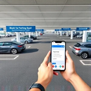 A modern airport parking area with clear signage showing 'Book Your Parking Spot', digital display screens showing available spaces, cars parked neatly in designated zones, a mobile app interface visible on a smartphone held by a traveler, bright daylight, clean asphalt, minimalist design, no text or letters visible in the scene except implied through interface elements