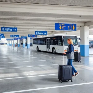 A modern airport parking area with clear signage, designated parking spots, and a helpful staff member assisting a traveler with luggage near a shuttle bus, daytime, clean and organized environment