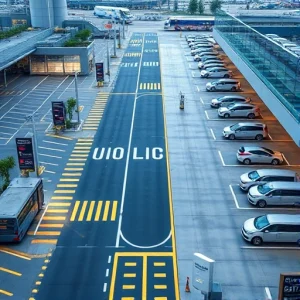 A modern airport parking area with express service lanes, clear signage for quick drop-off and pickup, electric vehicle charging stations, automated payment kiosks, and well-lit, organized parking spaces with shuttle buses nearby, all in a clean, efficient urban design