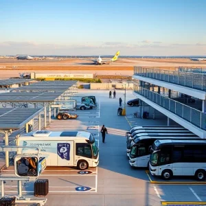 A modern airport parking facility with premium services, featuring sleek electric vehicle charging stations, covered valet drop-off zones, luxury shuttle buses with branded signage, well-lit multi-level parking structures, digital wayfinding displays, and attentive staff assisting travelers with luggage, all under a clear daytime sky with subtle airport runway views in the background