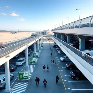 A modern, sleek parking facility at an airport with multiple levels, automated car lifts, electric vehicle charging stations, clear signage, and travelers walking to terminals under a bright sky, with airplanes visible in the background on the tarmac