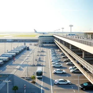 A modern airport parking facility with clear signage, multiple levels of covered and open parking spaces, shuttle buses transporting passengers to terminals, electric vehicle charging stations, and well-lit walkways, all under a bright daytime sky with subtle airport runway views in the background