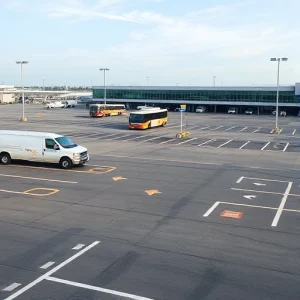 A modern airport parking lot with clearly marked affordable parking spaces, shuttle buses transporting passengers to terminals, and a visible sign indicating 'Affordable Parking' in a clean, well-lit environment during daytime