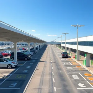 A modern airport parking facility with clear signage, well-lit lanes, electric vehicle charging stations, and a shuttle bus dropping off passengers near the terminal entrance, all under a bright daytime sky with clean architectural lines and minimal clutter