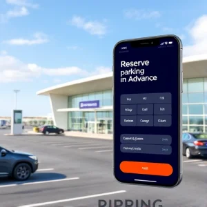 A modern airport terminal exterior with a clear sky, showing a digital sign that says 'Reserve Parking in Advance' near the entrance, cars parked in a designated lot with visible parking spaces, and a smartphone displaying a parking reservation app interface in the foreground, all in a clean, realistic, high-detail style