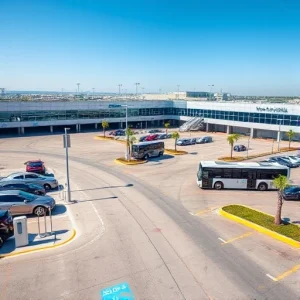 A modern airport parking facility with clear signage, electric vehicle charging stations, and a shuttle bus transporting passengers to terminals, all under a bright sunny sky with minimal traffic congestion