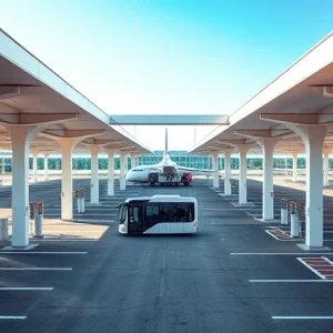 A modern airport parking facility with clear signage, well-lit parking spaces, electric vehicle charging stations, and a sleek shuttle bus arriving at the terminal entrance, all under a bright daytime sky with minimalist architecture and clean lines