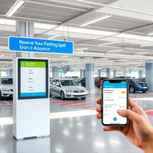 A modern airport parking area with clear signage showing 'Reserve Your Parking Spot in Advance', a digital kiosk displaying available spots, cars parked neatly in designated zones, and a smartphone screen showing a reservation confirmation app interface, all in bright daylight with clean, professional aesthetics