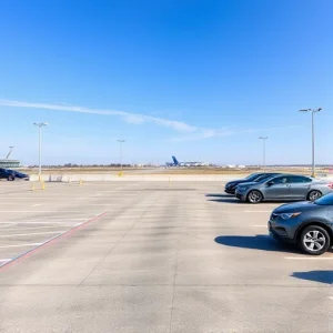 A modern airport parking area with clean, well-lit parking spaces, a few cars parked neatly, a clear sky in the background, and a subtle airport terminal silhouette in the distance, conveying convenience and reliability for travelers