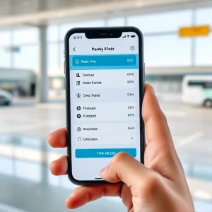 A person using a smartphone to reserve a parking spot at an airport, with a clear view of the airport terminal and parking lot in the background, modern digital interface showing available spots and time selection, clean and professional atmosphere, daylight, no text or signs visible on screen or in environment