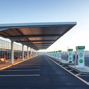 A modern airport parking area with covered waiting zones featuring sleek canopies, benches under shaded structures, travelers waiting calmly, electric vehicle charging stations nearby, clear signage, soft daylight, minimalist design, no crowds, no vehicles in motion, clean asphalt, glass and steel architecture, serene atmosphere