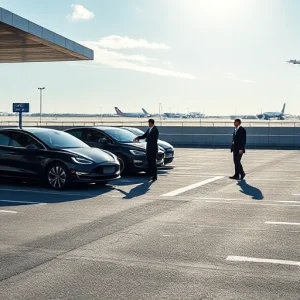 A modern airport parking area with express valet service, featuring sleek electric vehicles being handed over by uniformed valet attendants to travelers near a covered drop-off zone, clear signage for 'Express Valet', smooth asphalt lanes, distant airport terminals in the background under a bright sky, minimalist design, high detail, realistic lighting