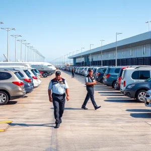 A modern airport parking area with security personnel in uniform patrolling near parked vehicles, clear skies, well-lit environment, realistic details, no text or signage visible