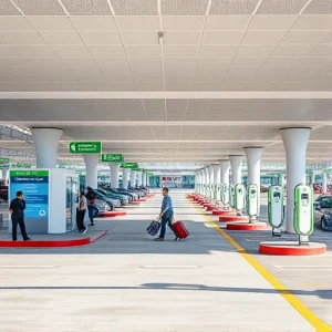 A modern airport parking area with clear signage, designated customer service kiosks, staff assisting travelers with luggage, electric vehicle charging stations, and well-lit walkways leading to terminal entrances, daytime, realistic photography style