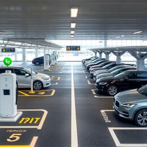 A modern airport parking area designed for frequent flyers, featuring sleek electric vehicle charging stations, reserved premium parking spots with clear signage, automated license plate recognition systems, and a covered walkway leading directly to the terminal. The scene includes well-lit, organized lanes, minimal traffic, and a calm, efficient atmosphere with subtle branding elements like discreet logos for a frequent flyer program. No people, no text on signs or surfaces, no advertisements,