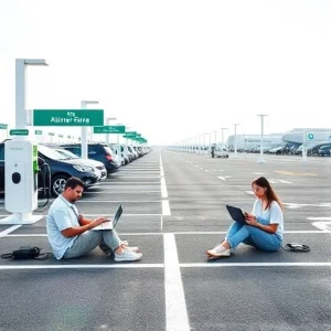 A modern airport parking area with clear signage, electric vehicle charging stations, and travelers using laptops and smartphones connected to free WiFi, bright daylight, clean asphalt, minimalist design, no people faces visible, focus on infrastructure and connectivity