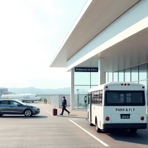 A modern airport terminal with a clear sky background, showing a car parked near the entrance, a traveler with luggage walking toward the terminal, and a shuttle bus labeled 'Park & Fly' arriving at the curb, all in a clean, minimalist, high-quality style with soft natural lighting and no visible text or signage