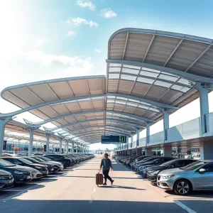A modern covered parking structure for airport travelers, featuring a sleek canopy with integrated lighting, rows of parked cars under the shelter, clear signage for terminal access, and travelers walking with luggage toward the entrance, all under a bright daytime sky with subtle shadows