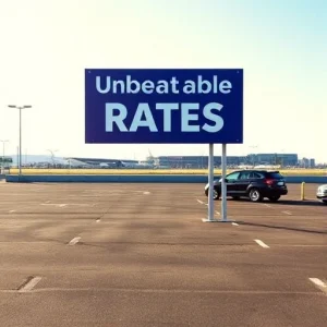 A modern airport parking lot with clear signage showing 'Unbeatable Rates', featuring clean, well-lit parking spaces, a few cars parked neatly, and a distant terminal building under a bright sky. The scene conveys affordability, convenience, and reliability without any text or numbers visible in the image.