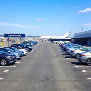 A clear, well-lit airport parking lot with multiple cars parked in designated spaces, a visible entrance sign showing 'Airport Parking', smooth asphalt roads, directional arrows, and a shuttle bus waiting near the terminal in the background, all under a bright daytime sky with minimal clouds