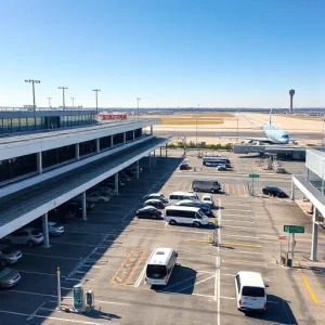 A modern airport parking area with clear signage, multiple levels of covered and uncovered parking spaces, electric vehicle charging stations, shuttle buses transporting travelers to terminals, and a distant view of airport runways and control tower under a bright daytime sky