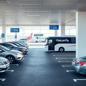 A modern airport parking area with cars parked in designated spaces, a shuttle bus transporting passengers to the terminal, clear signage for 'Park and Fly', bright daylight, clean asphalt, well-lit, no people visible in the frame, focus on vehicles and infrastructure