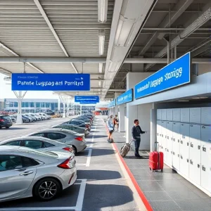 A modern airport parking area with clear signage for luggage storage, featuring a covered parking lot with cars, a nearby luggage storage facility with lockers and staff assisting travelers, suitcases and bags visible, bright daylight, clean and organized environment, no text or letters in the image