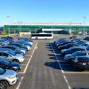 A modern airport parking lot with cars parked in organized rows, a shuttle bus transporting passengers to a terminal building in the background, clear blue sky, daytime lighting, realistic style, no text or signage visible