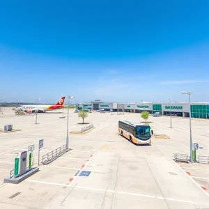 A modern airport parking area with clearly marked spaces, electric vehicle charging stations, and a shuttle bus transporting passengers to the terminal, under a clear blue sky with subtle airport signage in the background