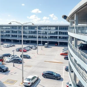 A modern airport parking area with multiple levels, cars parked in designated spots, and visible security cameras mounted on poles and building corners monitoring the area, clear daytime lighting, realistic details, no people visible