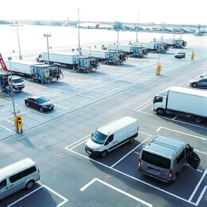 A modern airport parking area with vehicles undergoing inspection services, including cars and trucks parked in designated zones, inspection booths with staff checking vehicles, security barriers, signage for inspection lanes, and clear markings on the pavement, all under bright daylight with a clean, organized layout